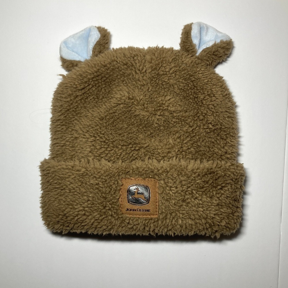 John Deere Brown Fuzzy Fleece Sherpa Hat Beanie Toddler Size Bear Ears Cute Cozy